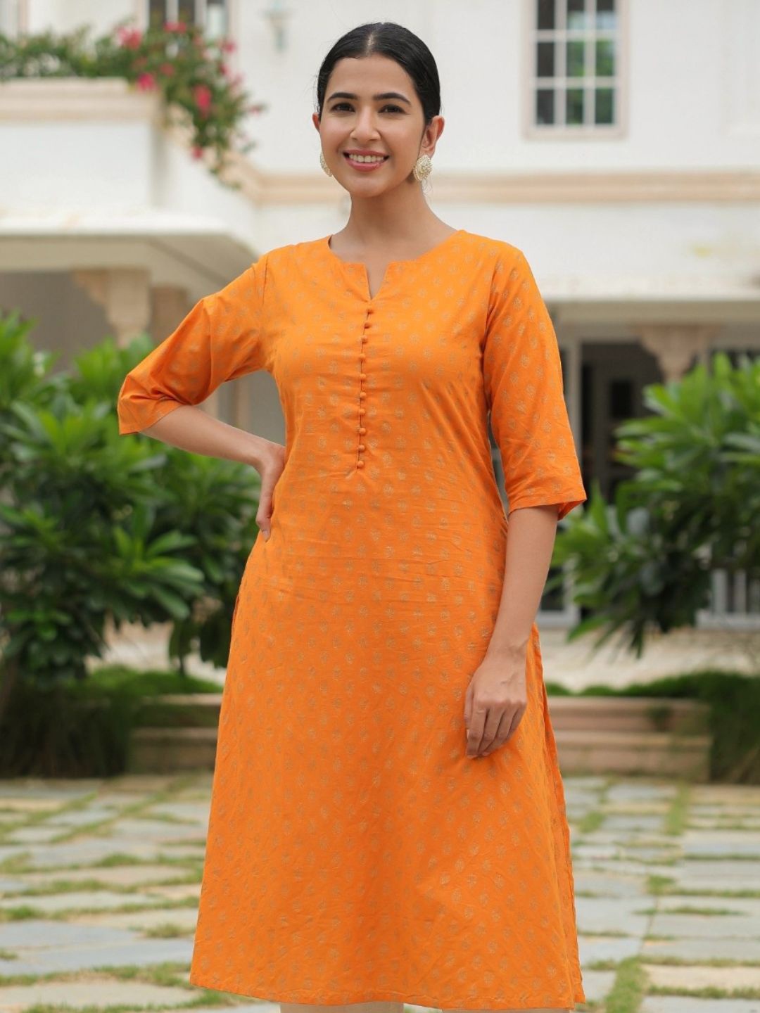 

Aramya Ethnic Motifs Printed Notched Round Neck Pure Cotton A-line Kurta, Yellow