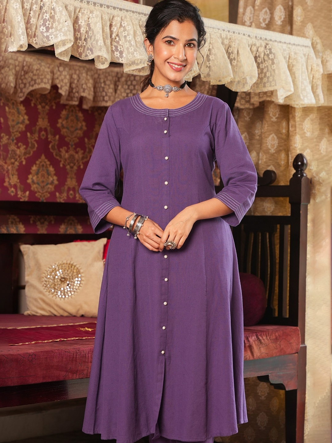 Aramya Round Neck A-Line Kurta, Purple