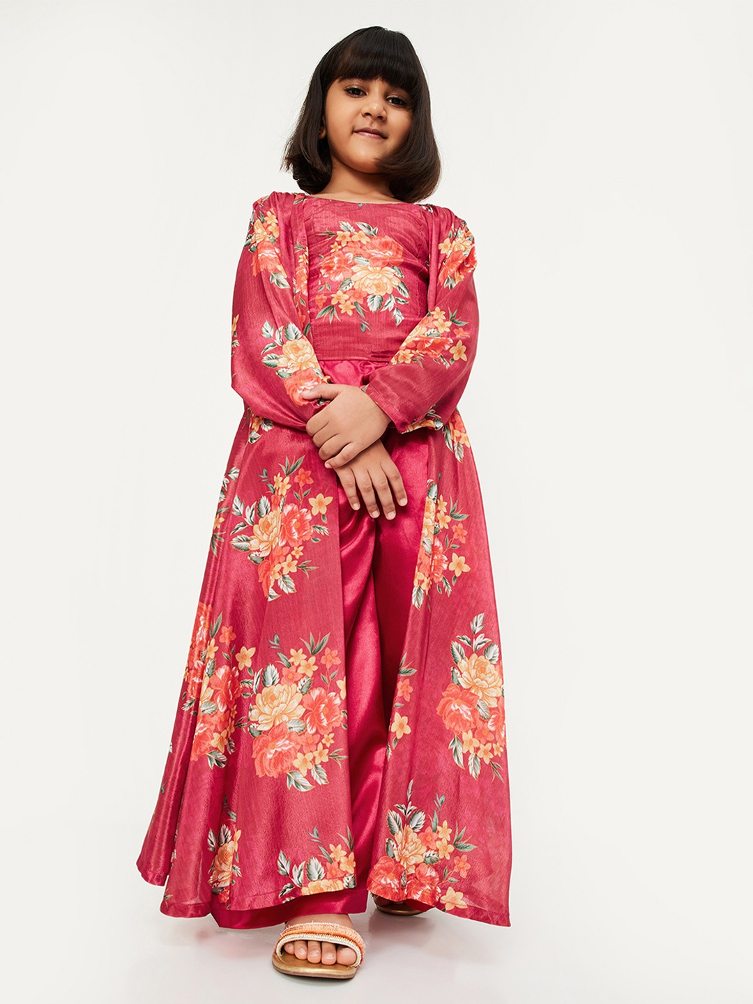

max Girls Floral Printed Pure Cotton Top and Palazzos with Shrug, Red