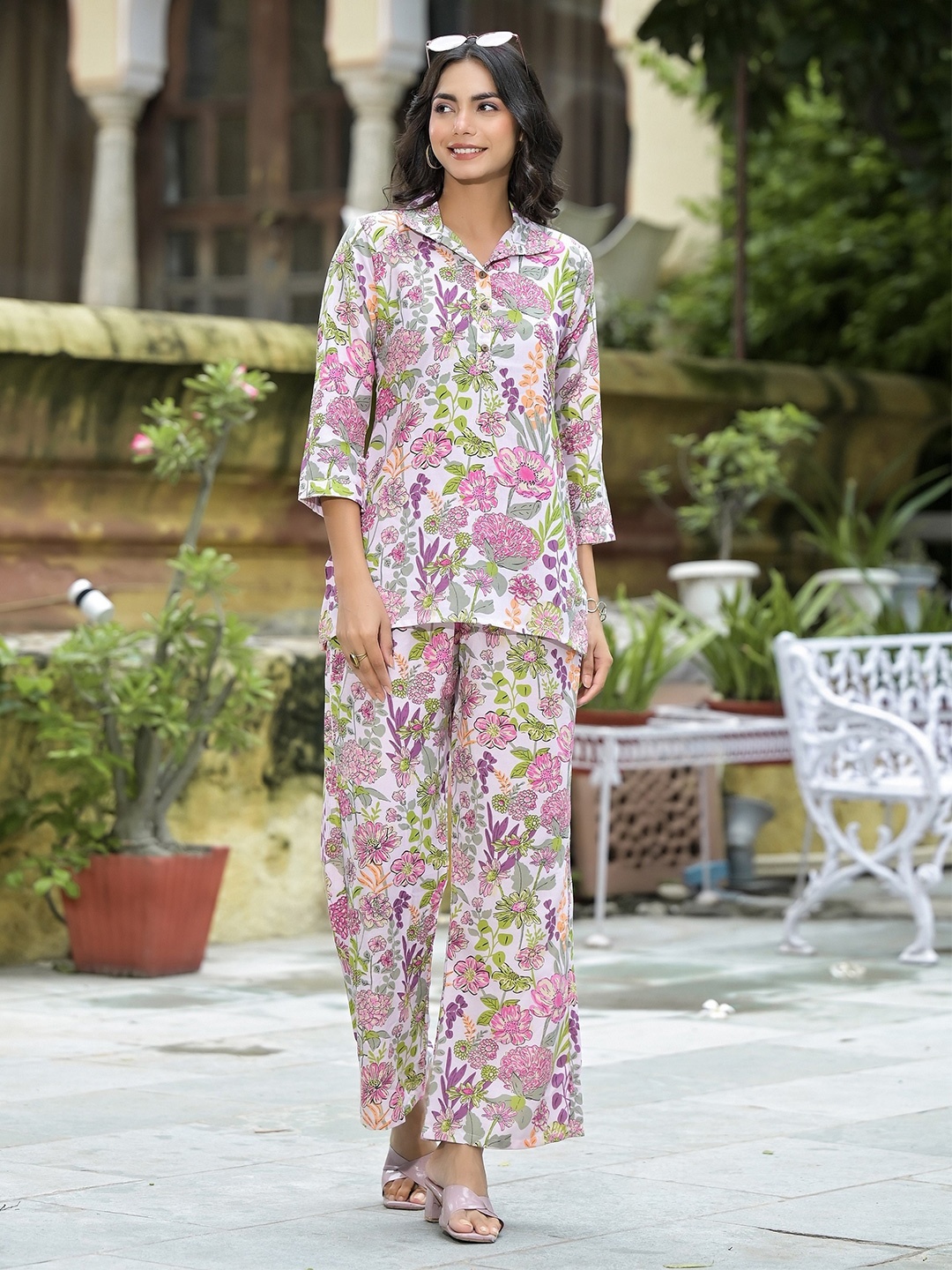 

KALINI Floral Printed Shirt Collar Tunic & Trouser, Cream