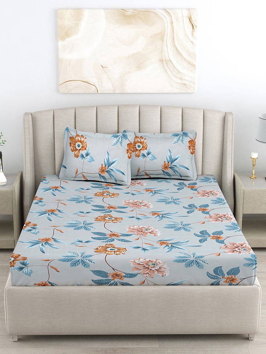 

FABINALIV Blue & Grey Floral Printed King Size Double Bedsheet with 2 Pillow Covers