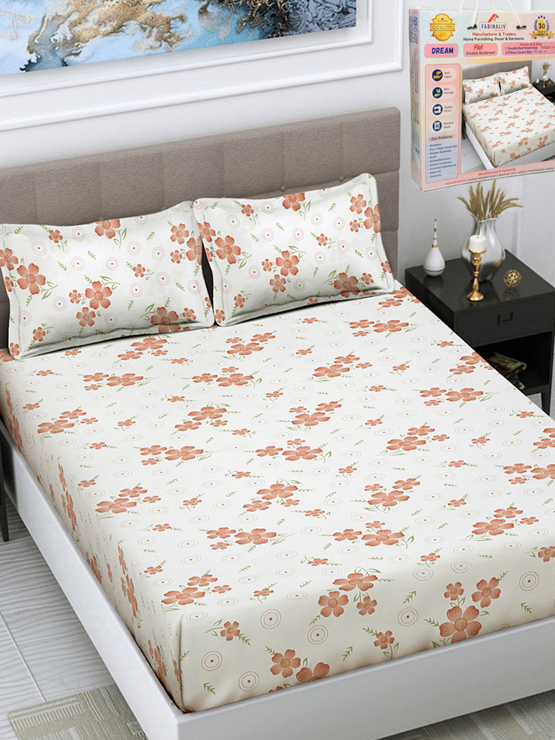 

FABINALIV White & Orange Floral 300 TC King Size Double Bedsheet with 2 Pillow Covers