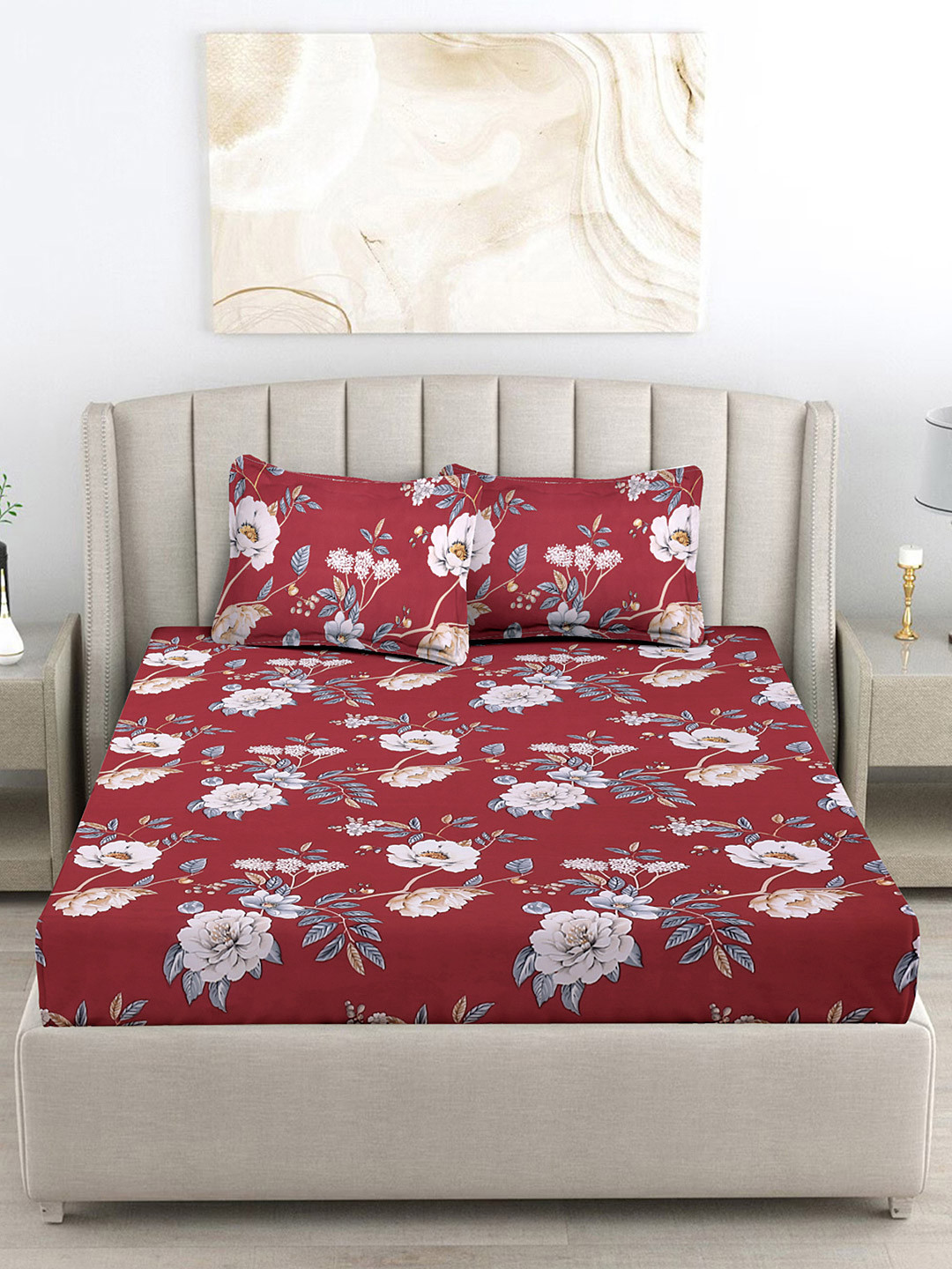 

FABINALIV Maroon & White Floral 300 TC King Size Double Bedsheet with 2 Pillow Covers