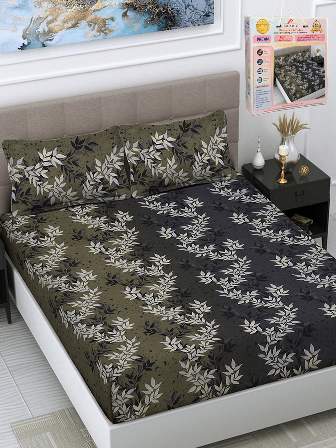 

FABINALIV Green & Black Floral 300 TC King Size Double Bedsheet with 2 Pillow Covers
