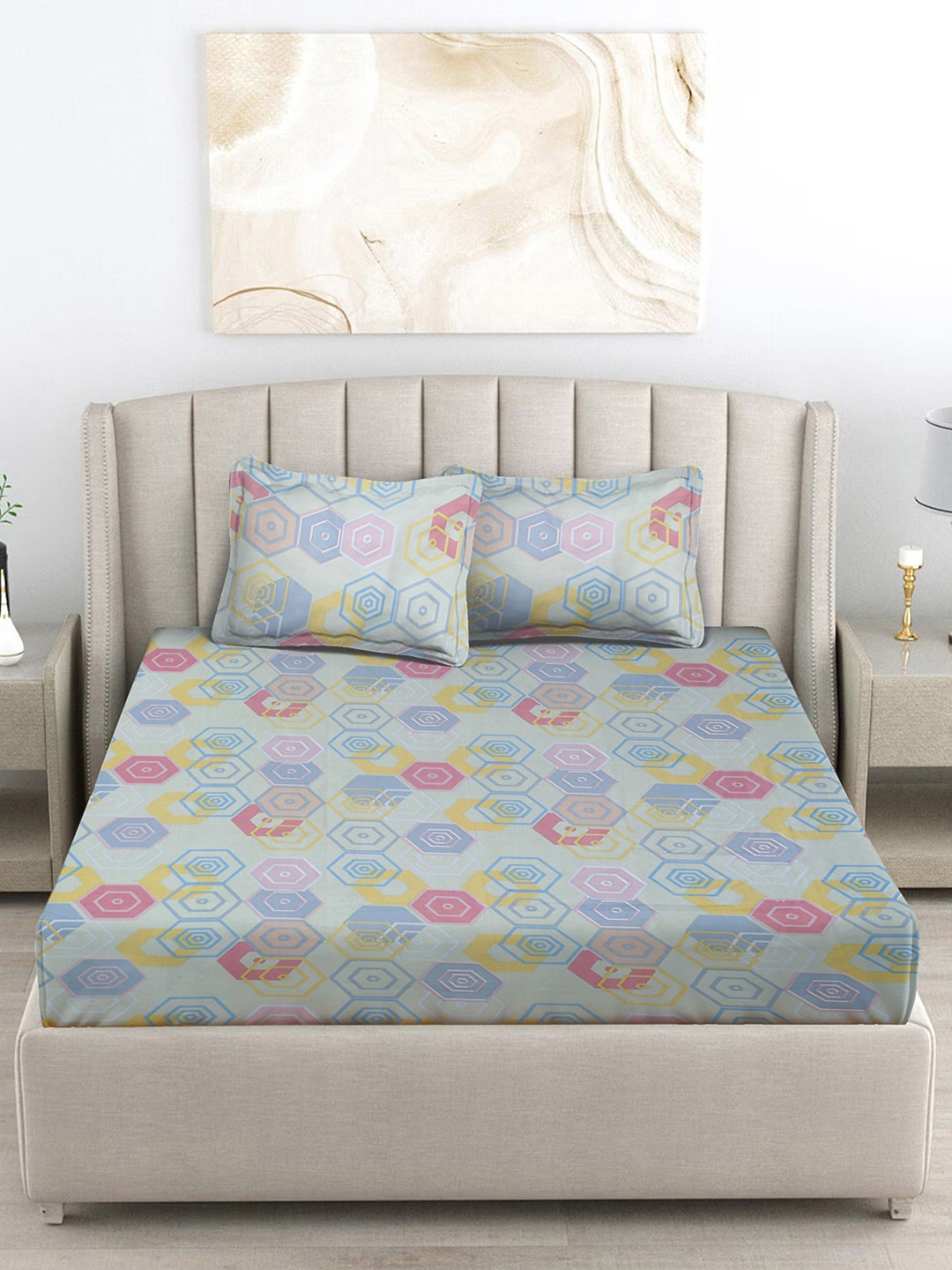 FABINALIV Green & Pink Geometric 300 TC King Size Double Bedsheet with 2 Pillow Covers