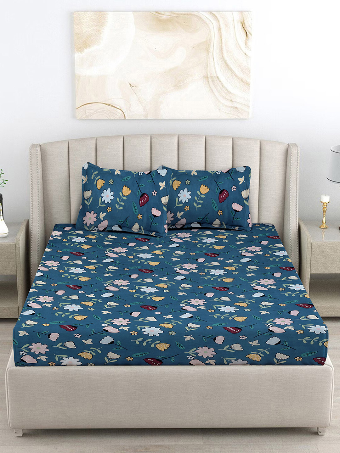 

FABINALIV Blue & Yellow Floral 300 TC King Size Double Bedsheet with 2 Pillow Covers