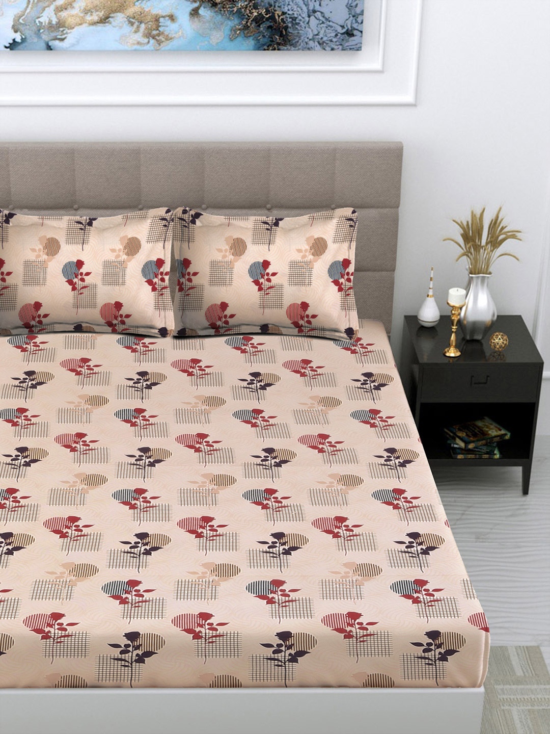 

FABINALIV Beige & Red Floral 300 TC King Size Double Bedsheet with 2 Pillow Covers