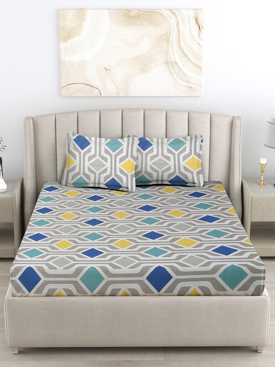 FABINALIV Grey & Blue Geometric 300 TC King Size Double Bedsheet with 2 Pillow Covers