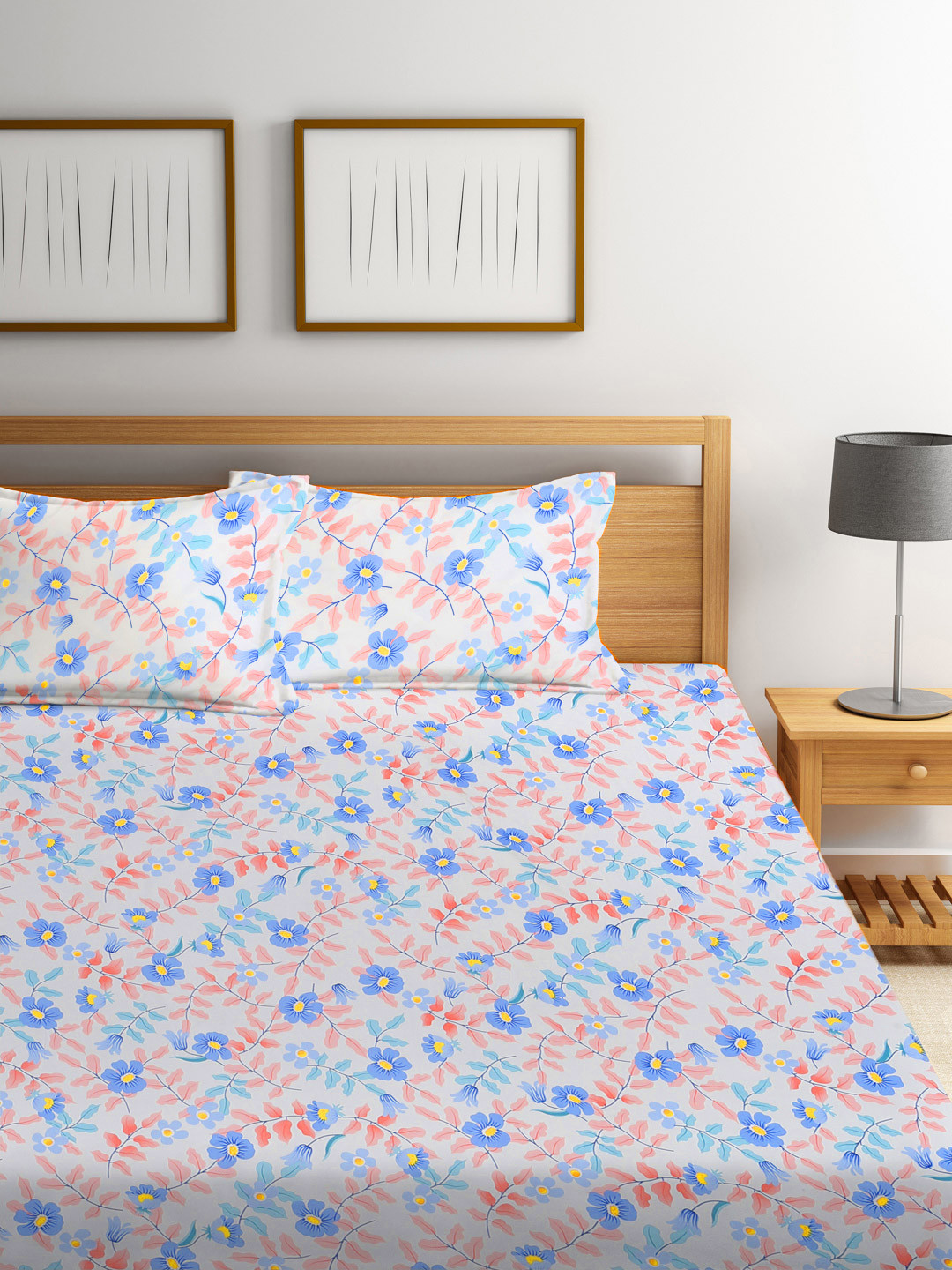 

FABINALIV Blue & White Floral 300 TC King Size Double Bedsheet with 2 Pillow Covers