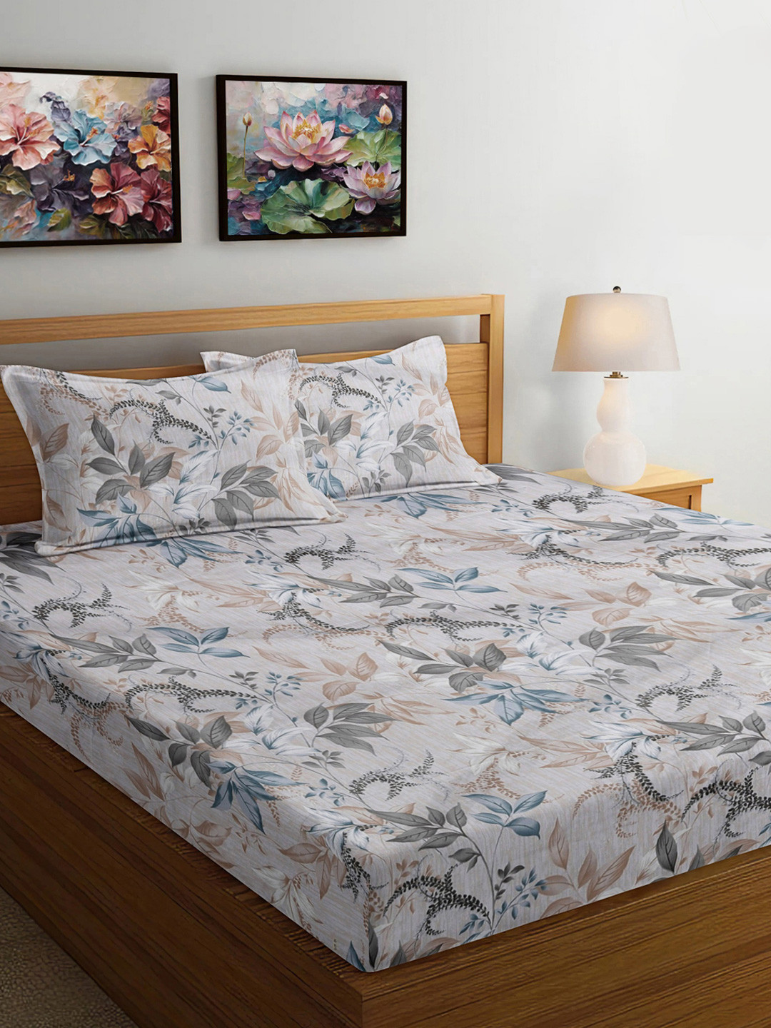 

FABINALIV Grey & White Floral 300 TC King Size Double Bedsheet with 2 Pillow Covers