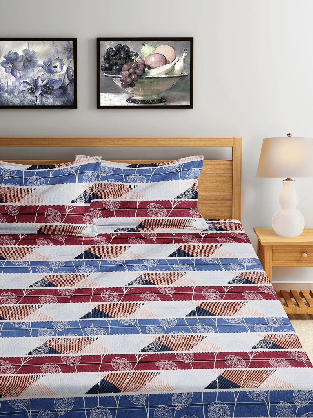 

FABINALIV Maroon & Blue Floral 300 TC King Size Double Bedsheet with 2 Pillow Covers