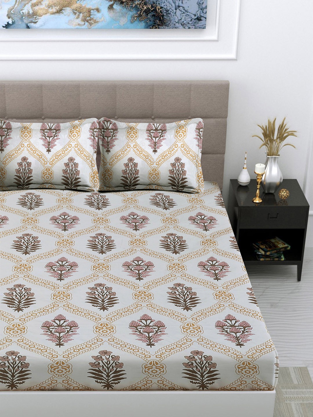 FABINALIV Brown & White Floral 300 TC King Size Double Bedsheet with 2 Pillow Covers
