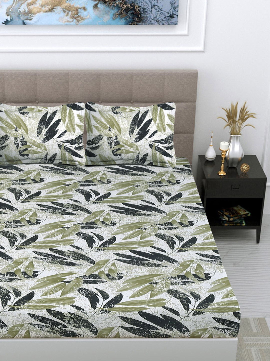 FABINALIV Green & White Floral 300 TC King Size Double Bedsheet with 2 Pillow Covers