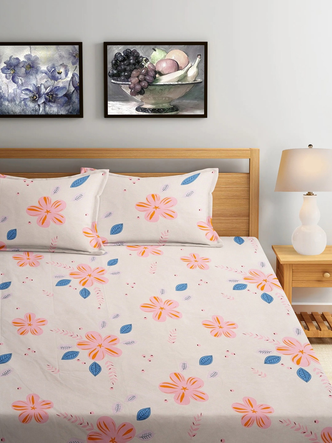 

FABINALIV Cream & Pink Floral 300 TC King Size Double Bedsheet with 2 Pillow Covers