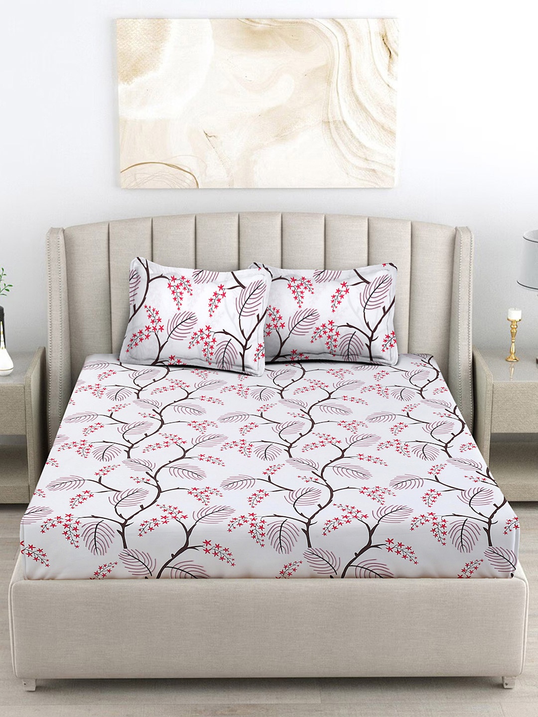 

FABINALIV White & Brown Floral 300 TC King Size Double Bedsheet with 2 Pillow Covers