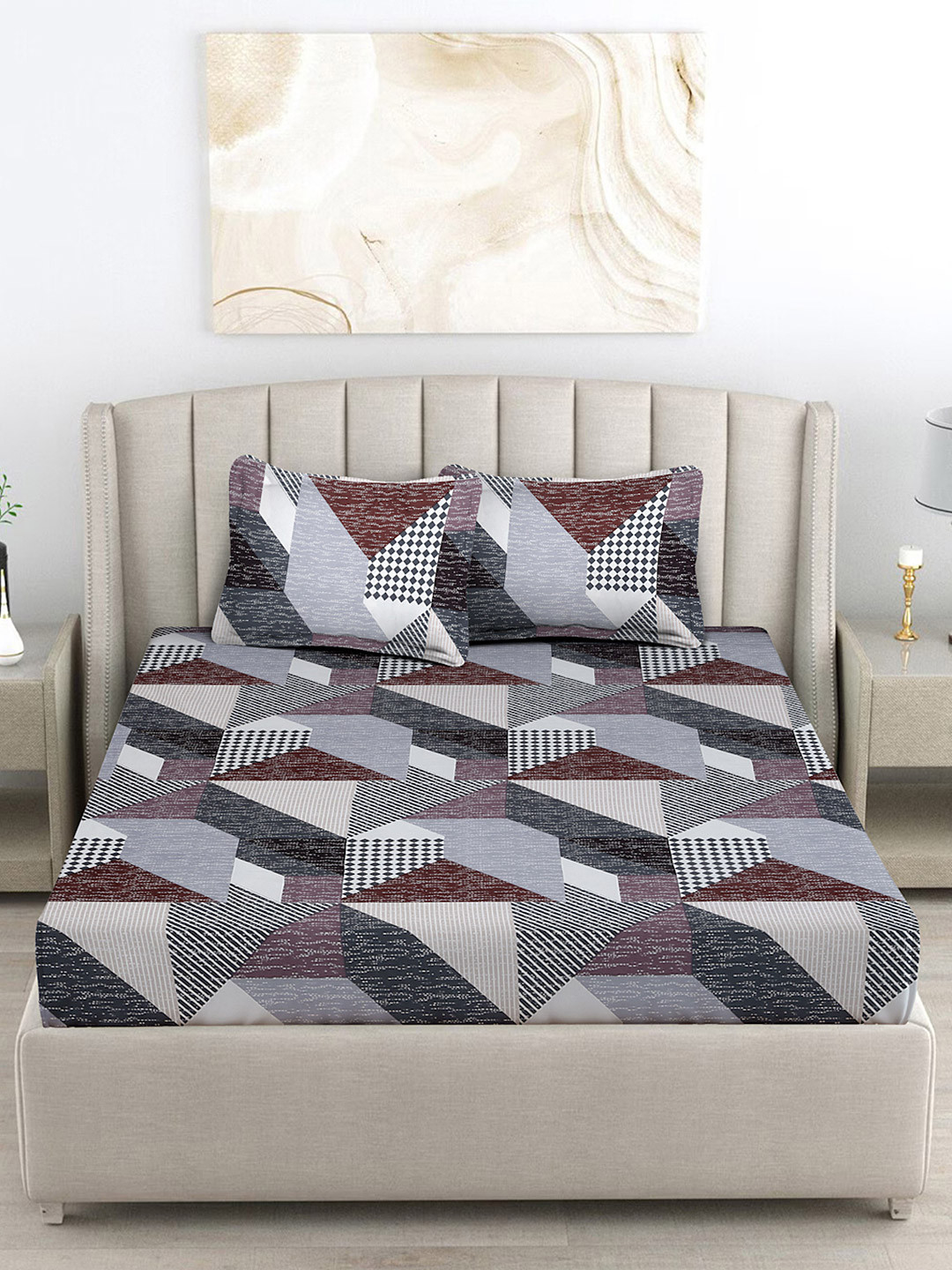 

FABINALIV Grey & Maroon Geometric 300 TC King Size Double Bedsheet with 2 Pillow Covers