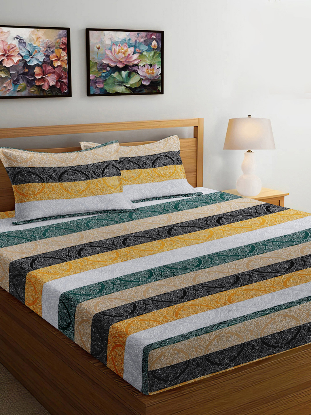 

FABINALIV Beige & Yellow Striped 300 TC King Size Double Bedsheet with 2 Pillow Covers