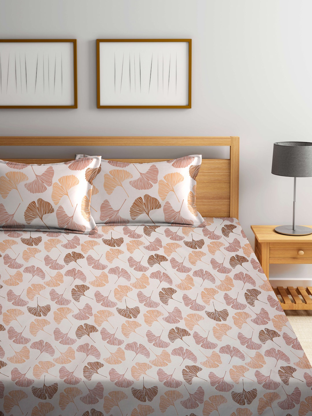 

FABINALIV Cream & Brown Floral 300 TC King Size Double Bedsheet with 2 Pillow Covers