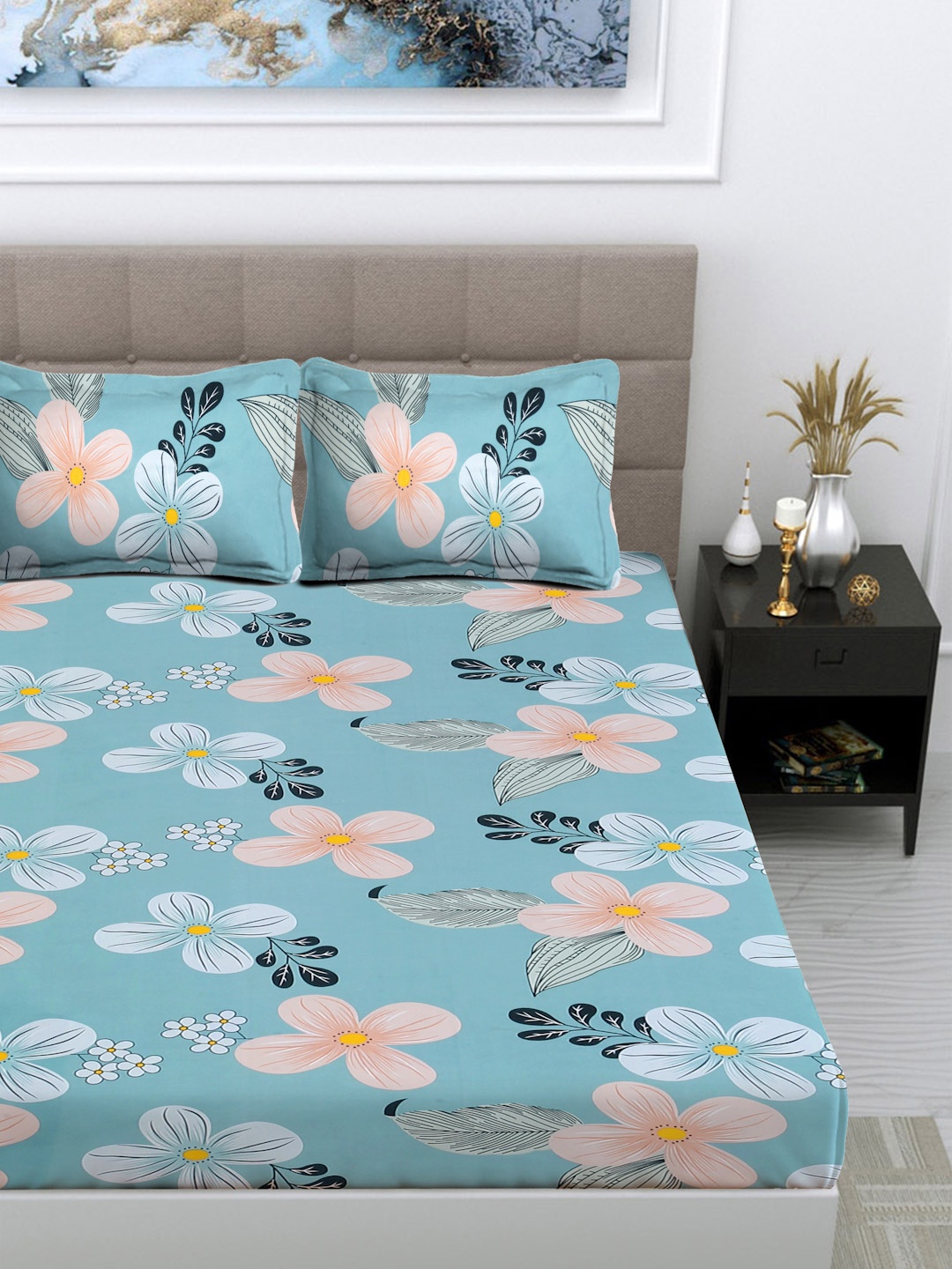 

FABINALIV Blue & Orange Floral 300 TC King Size Double Bedsheet with 2 Pillow Covers