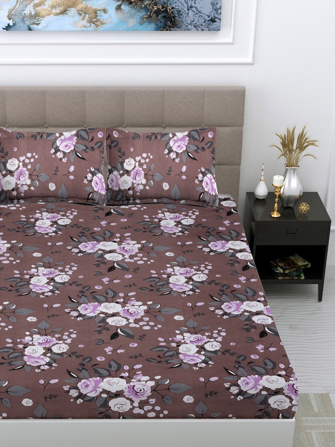 

FABINALIV Brown & Pink Floral 300 TC King Size Double Bedsheet with 2 Pillow Covers
