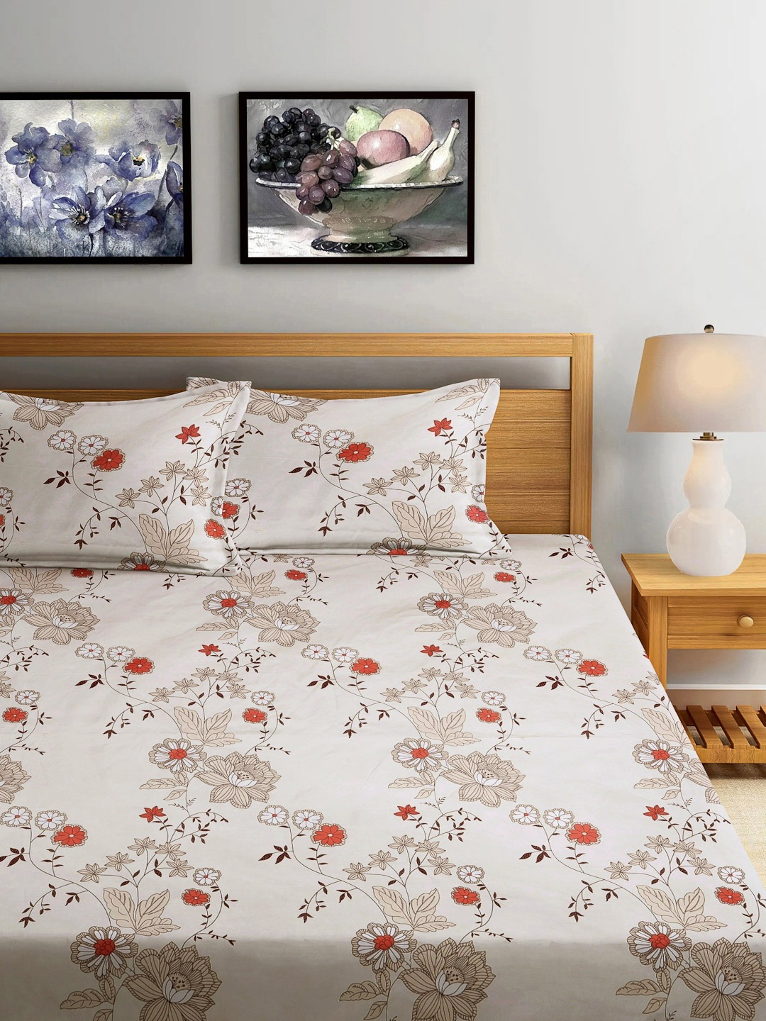 

FABINALIV Beige & Red Floral 300 TC King Size Double Bedsheet with 2 Pillow Covers