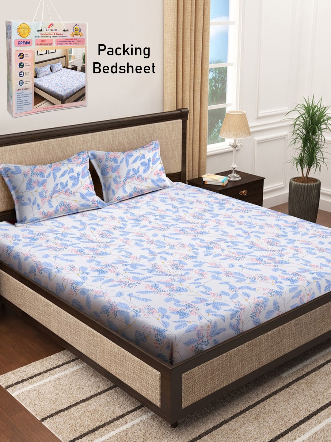

FABINALIV Blue & White Floral 300 TC King Size Double Bedsheet with 2 Pillow Covers