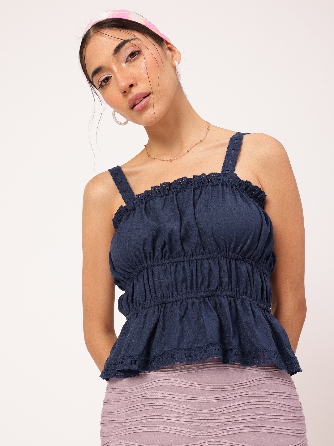 

DressBerry Nautical Neutrals Schiffli Detail Tiered Top, Navy blue