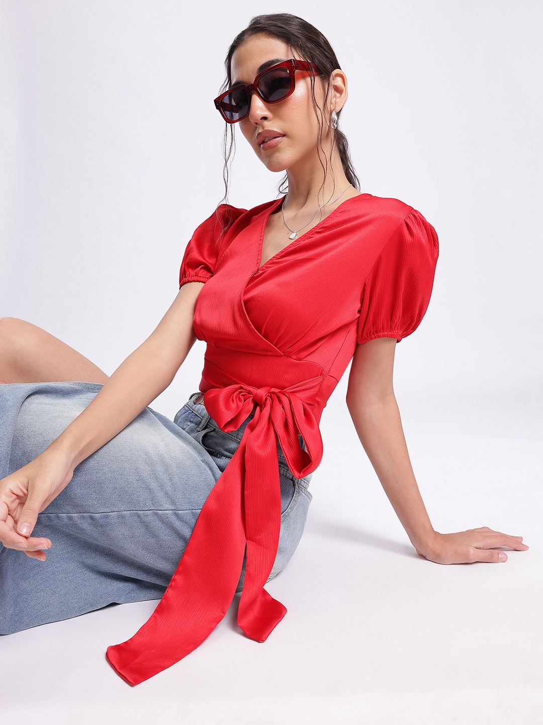 

DressBerry Blush & Bold Tie-Up Wrap Style Crop Top, Red