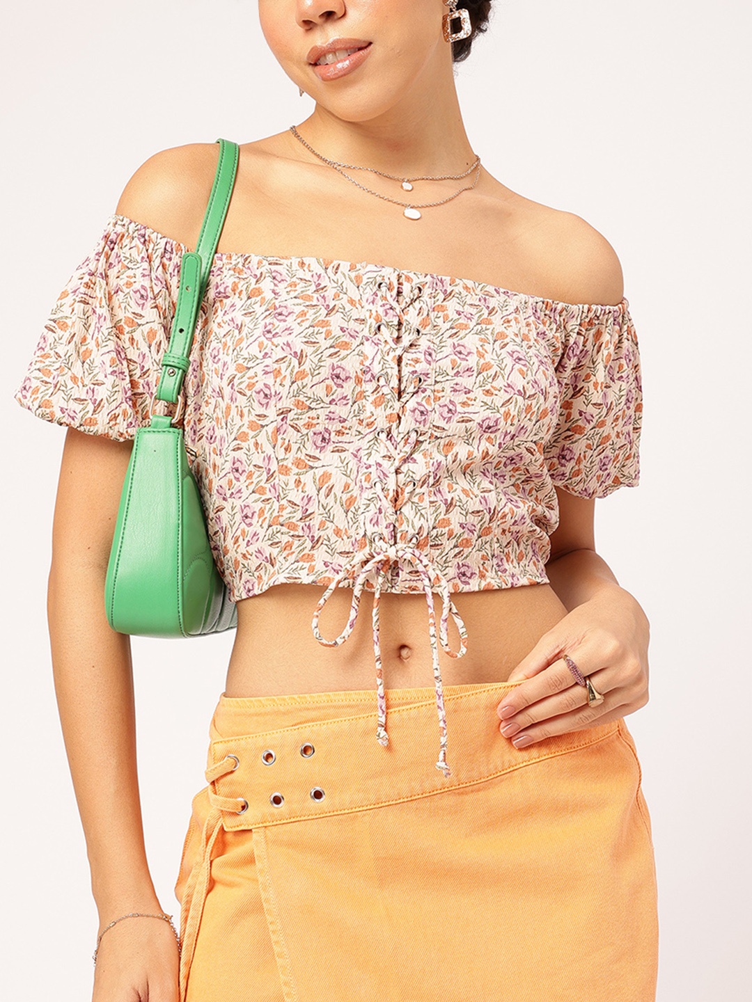 

DressBerry Retro Revival Floral Print Off-Shoulder Puff Sleeve Bardot Crop Top, Beige