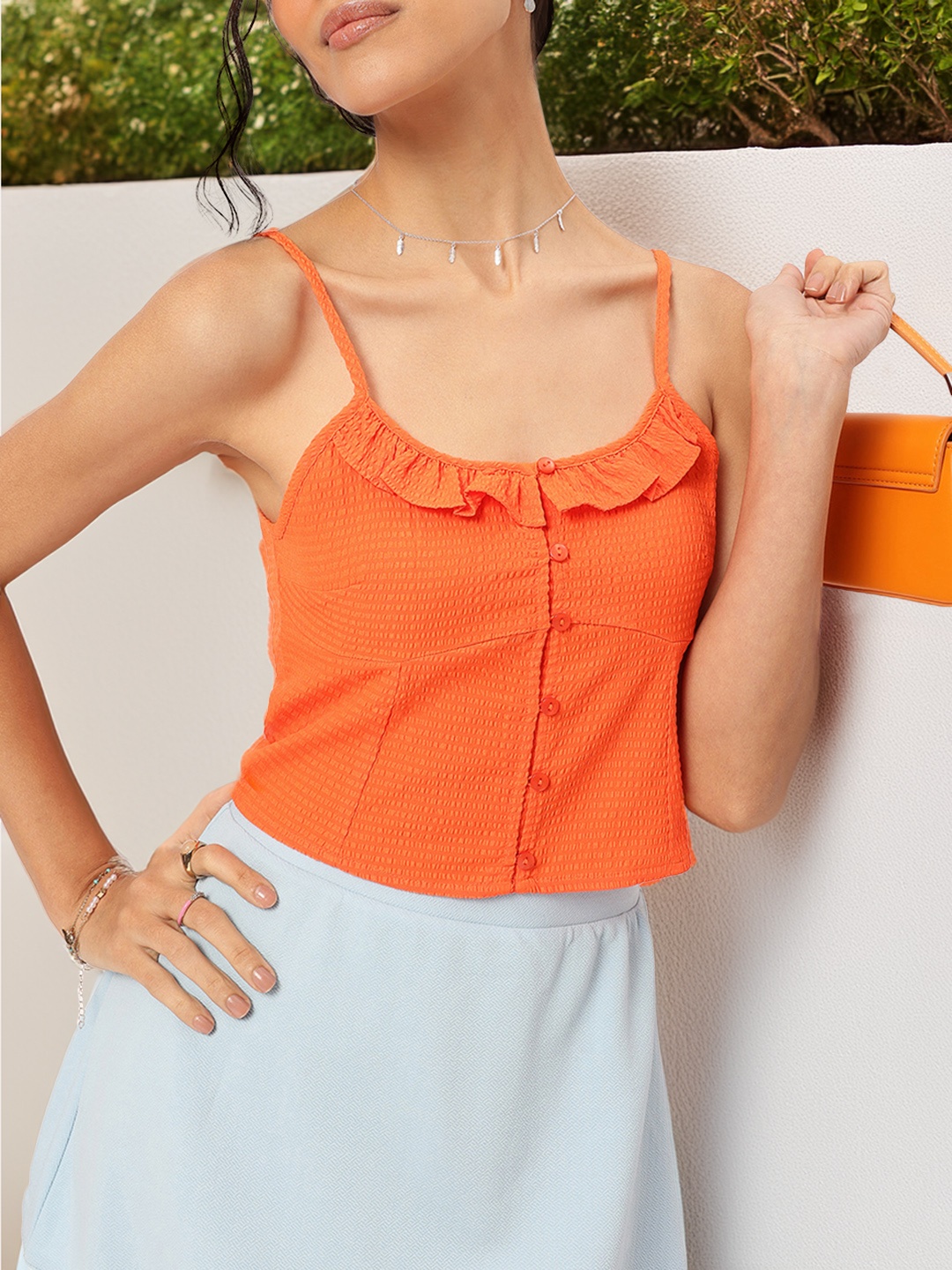 

DressBerry Seersucker Sweetheart Ruffled Crop Top, Orange