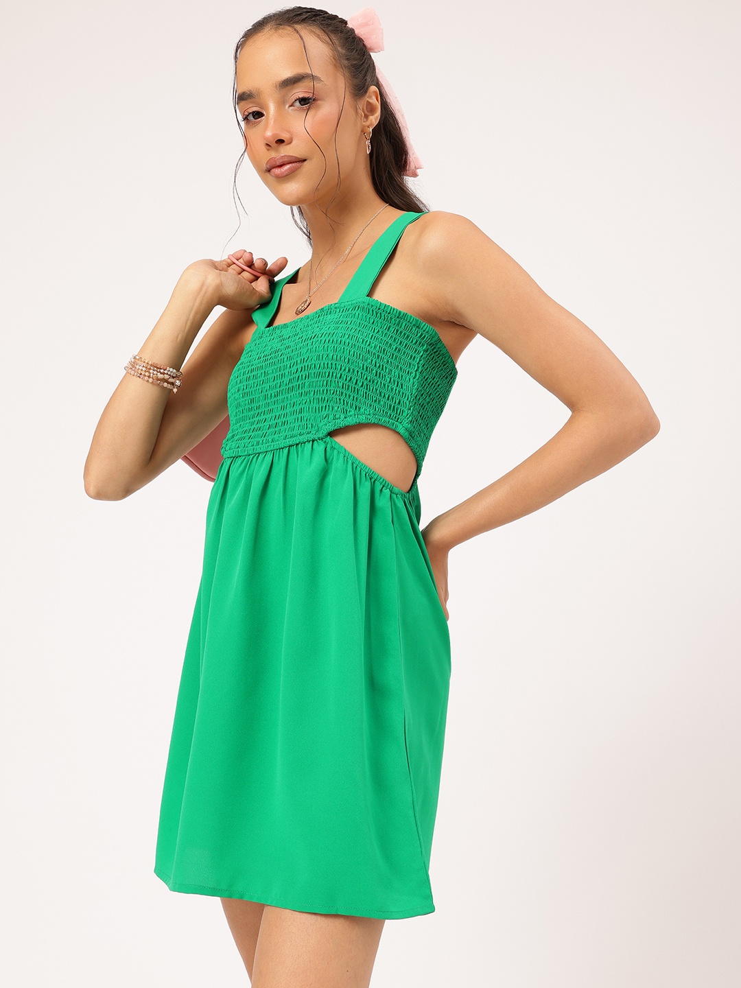 

DressBerry Gently Hot Shoulder Straps Smock Cut-Out Mini Dress, Green