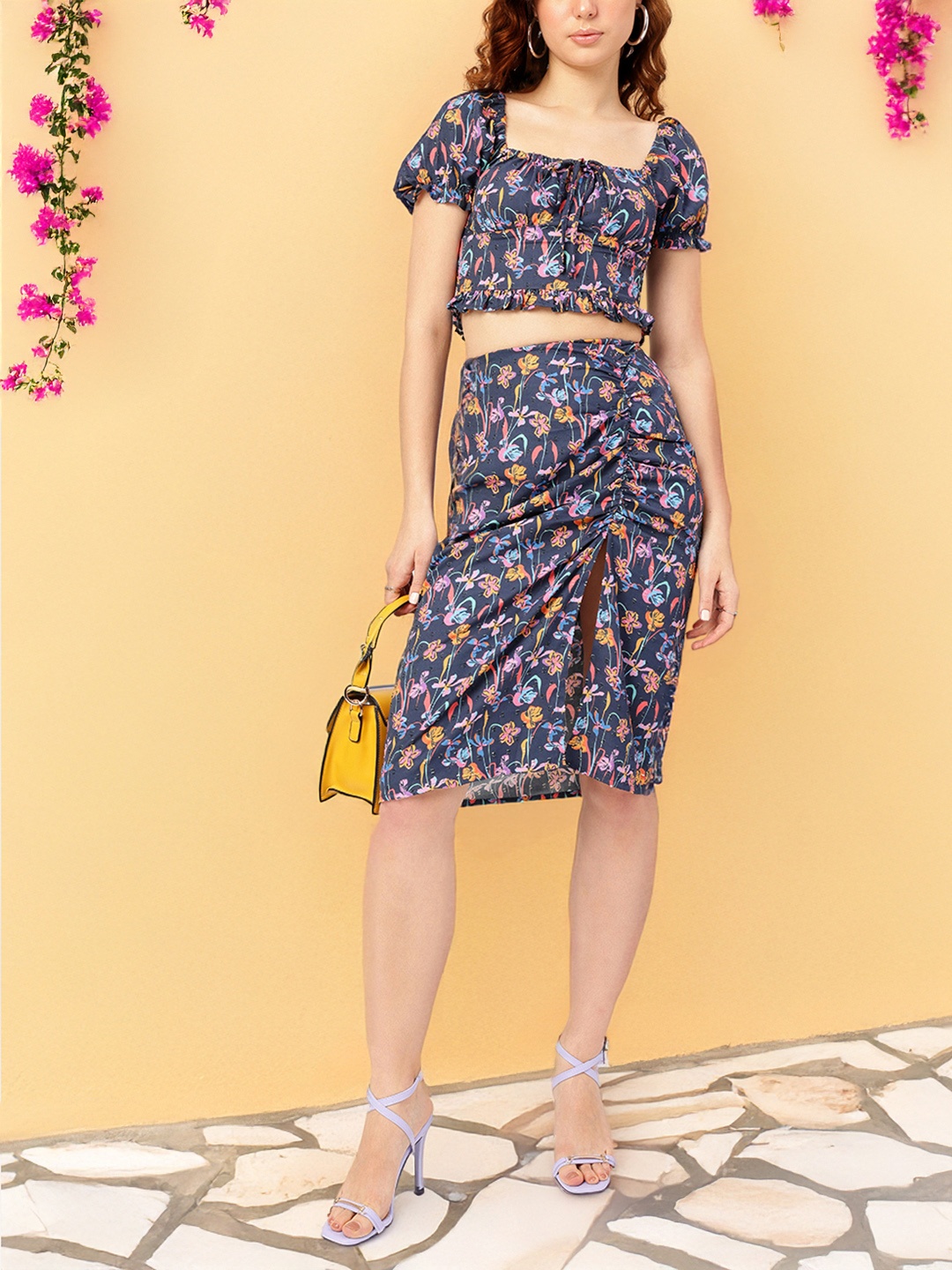 

DressBerry Floral Frenzy Slit Statement Ruched Chic Co-ord, Navy blue