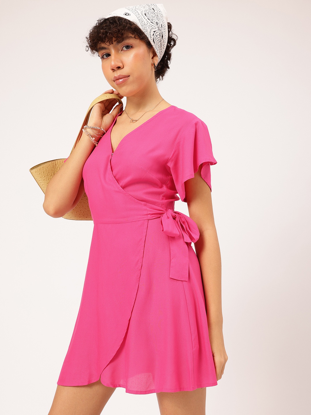 

DressBerry Pastel Paradise Flutter Sleeves Wrap Tie-Up Mini Dress, Pink