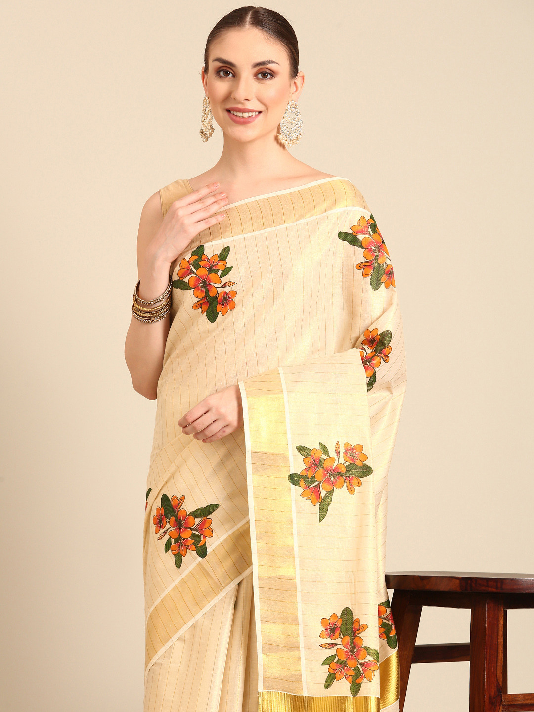 

Kalyan Silks Floral Zari Kasavu Saree, Cream