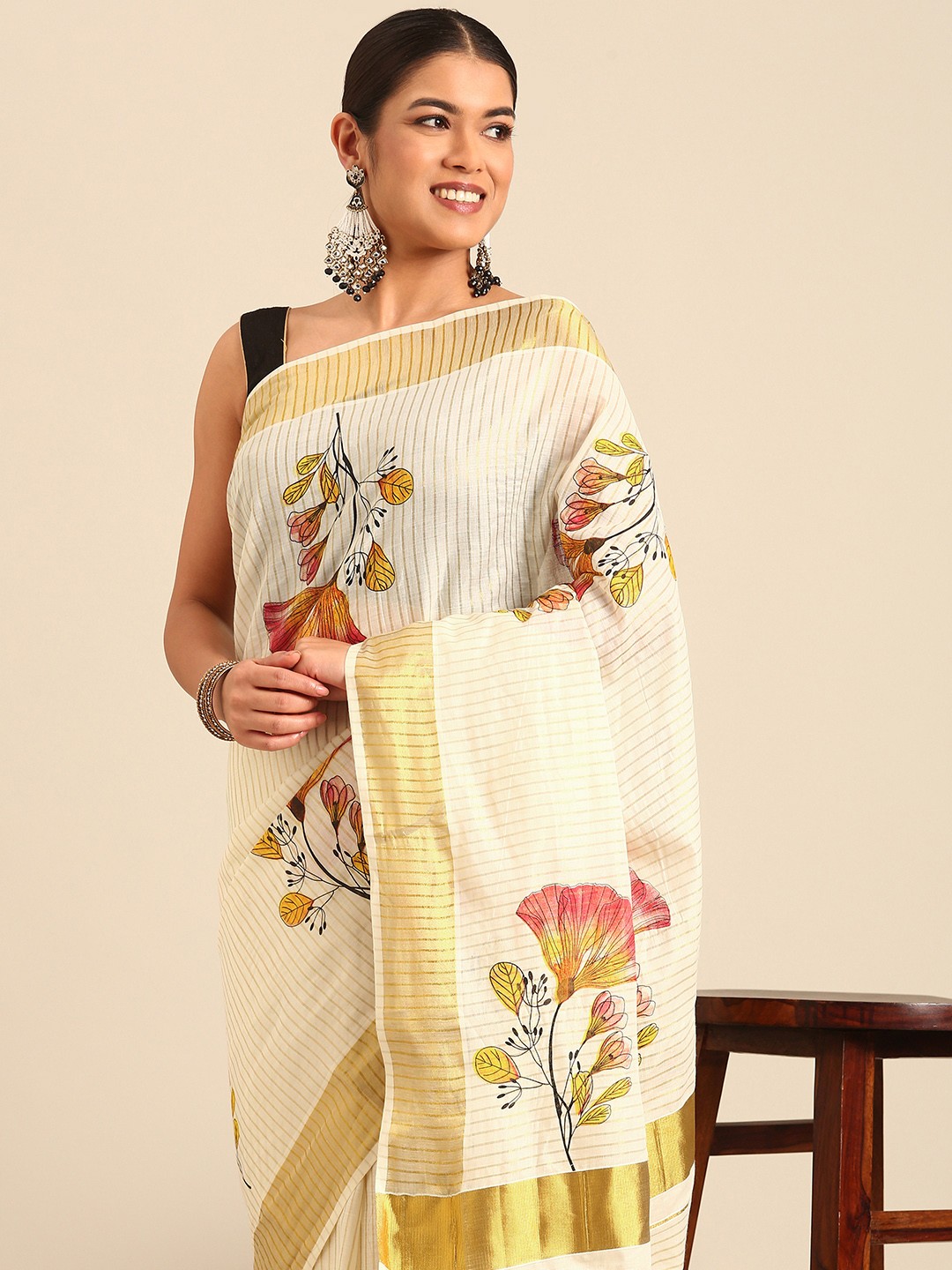 

Kalyan Silks Floral Printed Zari Kasavu Saree, Cream