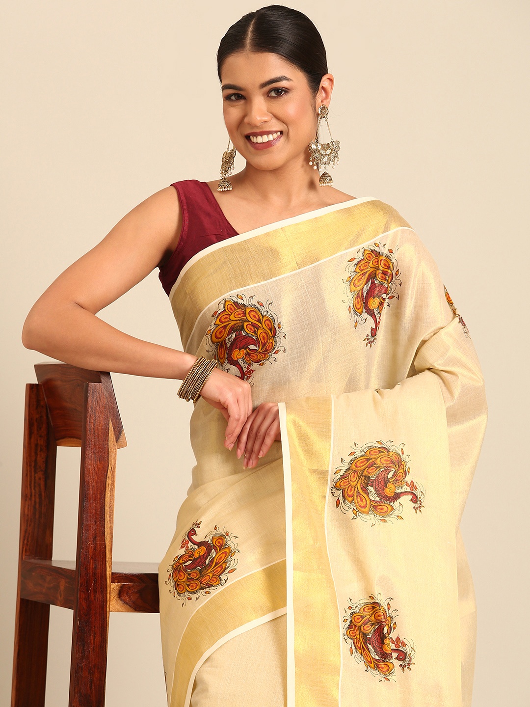 

Kalyan Silks Ethnic Motifs Zari Kasavu Saree, Cream