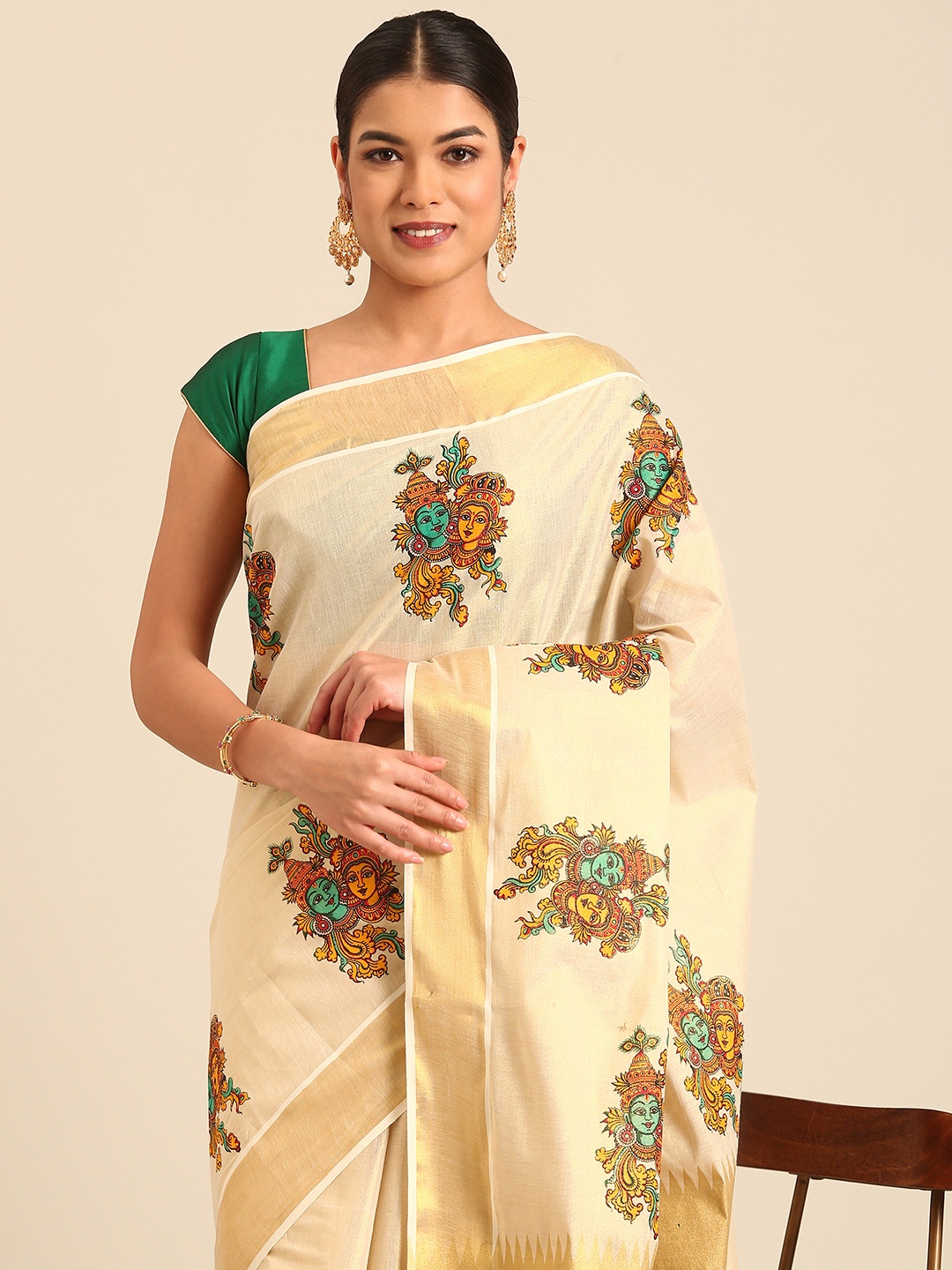 

Kalyan Silks Ethnic Motifs Zari Kasavu Saree, Cream