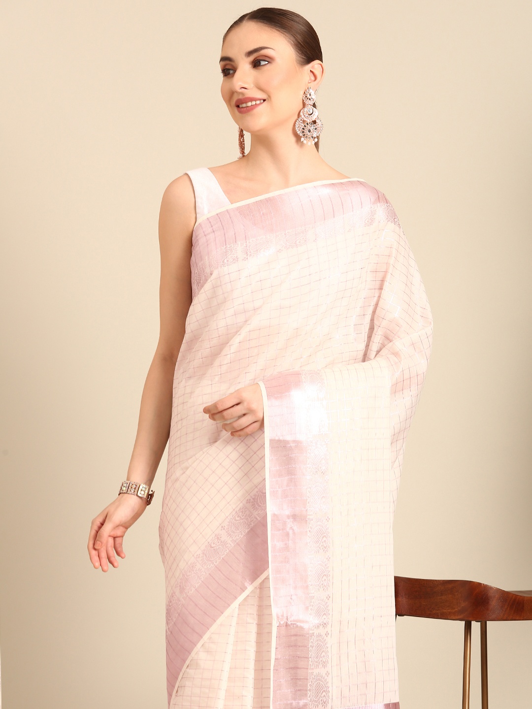 

Kalyan Silks Checked Zari Kasavu Saree, Cream