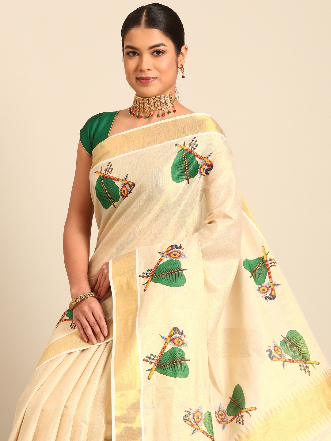 

Kalyan Silks Ethnic Motifs Zari Kasavu Saree, Cream