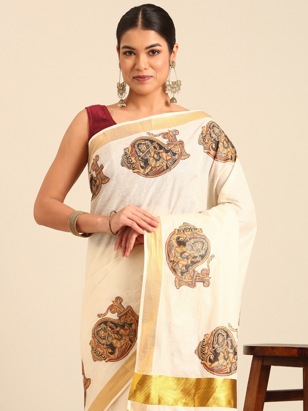 

Kalyan Silks Ethnic Motifs Zari Kasavu Saree, Cream