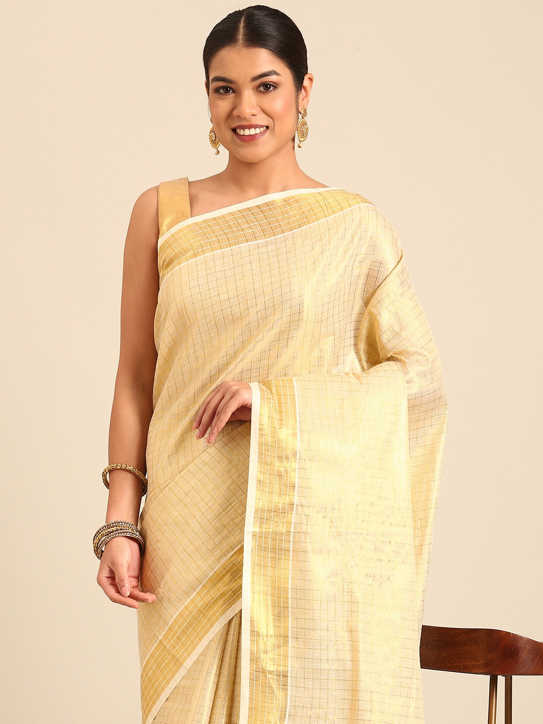 

Kalyan Silks Checked Zari Kasavu Saree, Cream