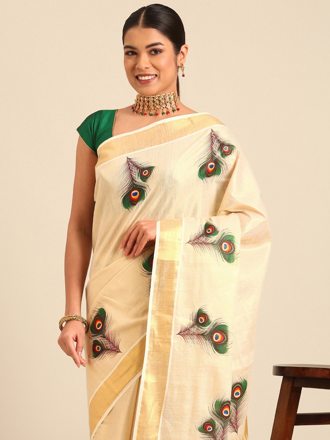 

Kalyan Silks Ethnic Motifs Zari Kasavu Saree, Cream