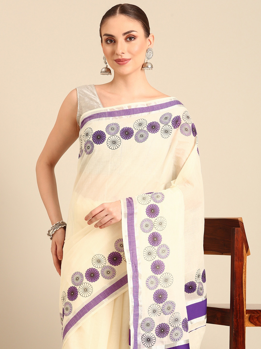 

Kalyan Silks Floral Printed Zari Kasavu Saree, Cream