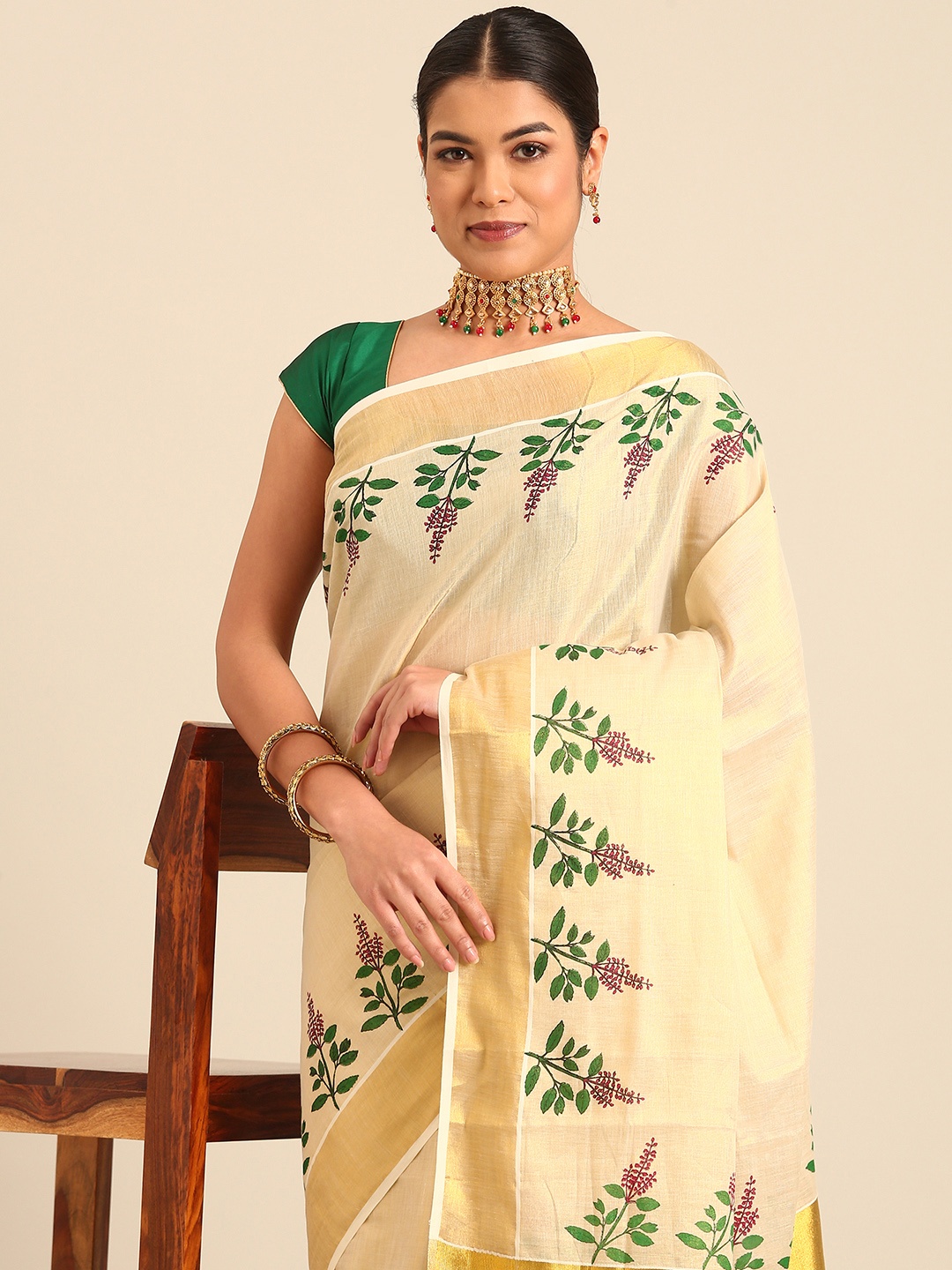 

Kalyan Silks Floral Zari Kasavu Saree, Cream