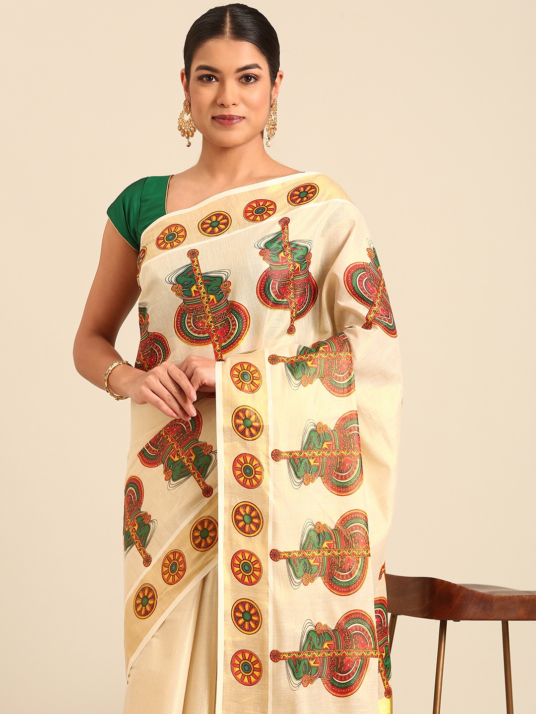 

Kalyan Silks Ethnic Motifs Zari Kasavu Saree, Cream