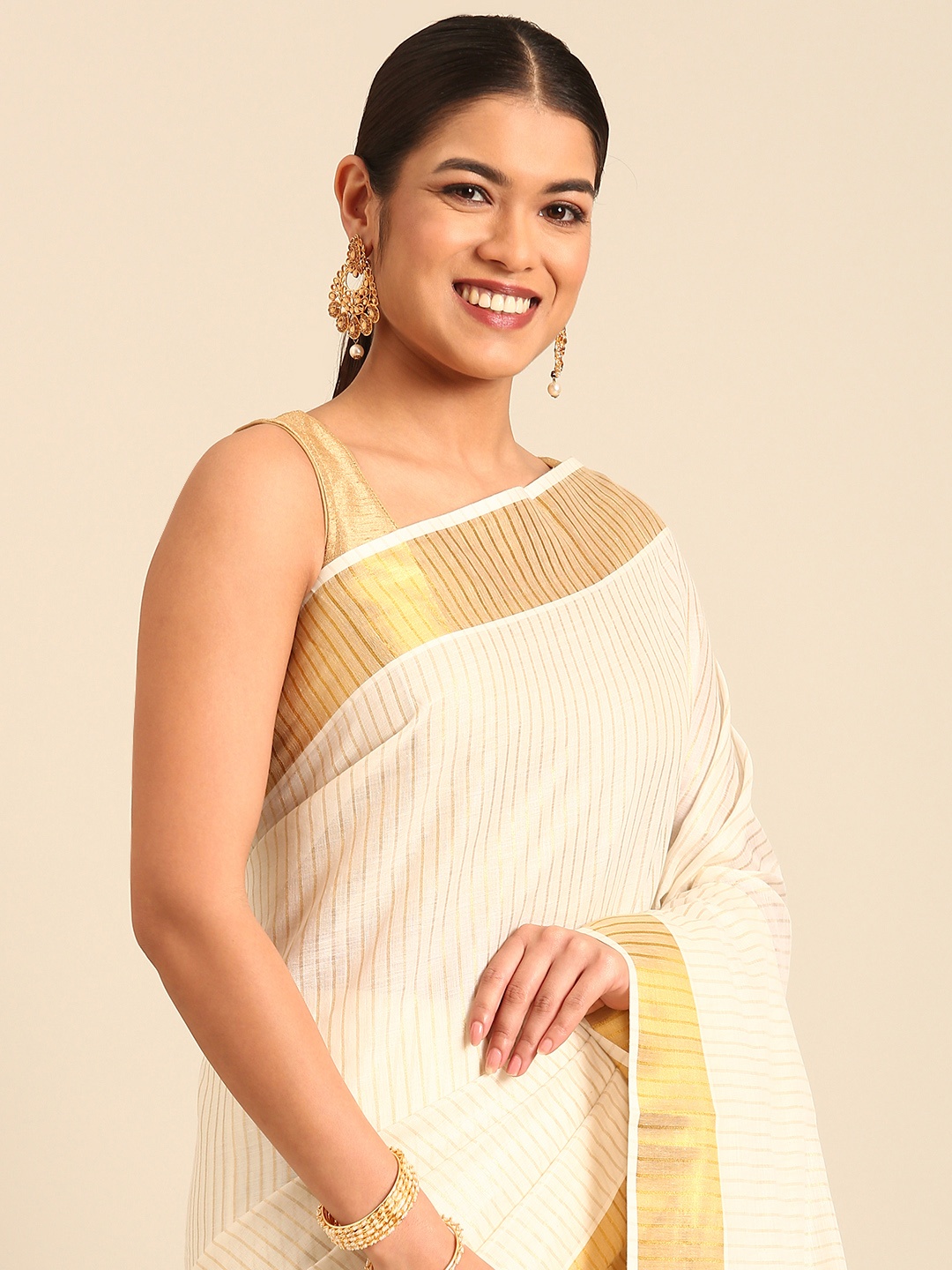 

Kalyan Silks Striped Zari Kasavu Saree, Cream