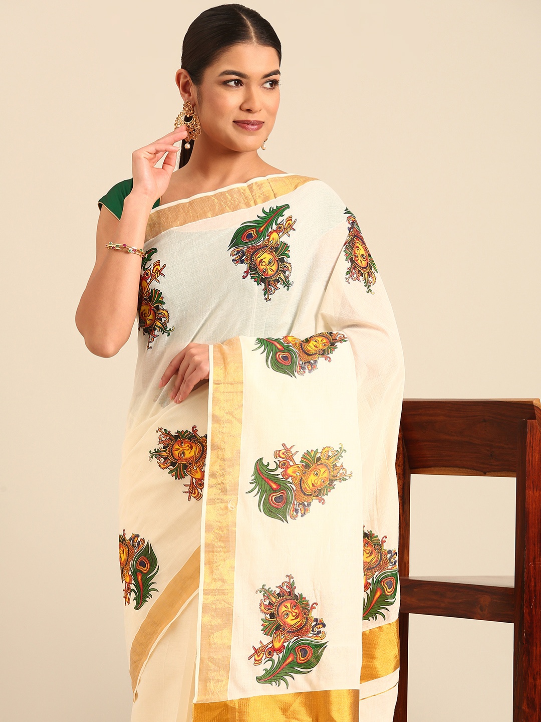

Kalyan Silks Ethnic Motifs Zari Kasavu Saree, Cream