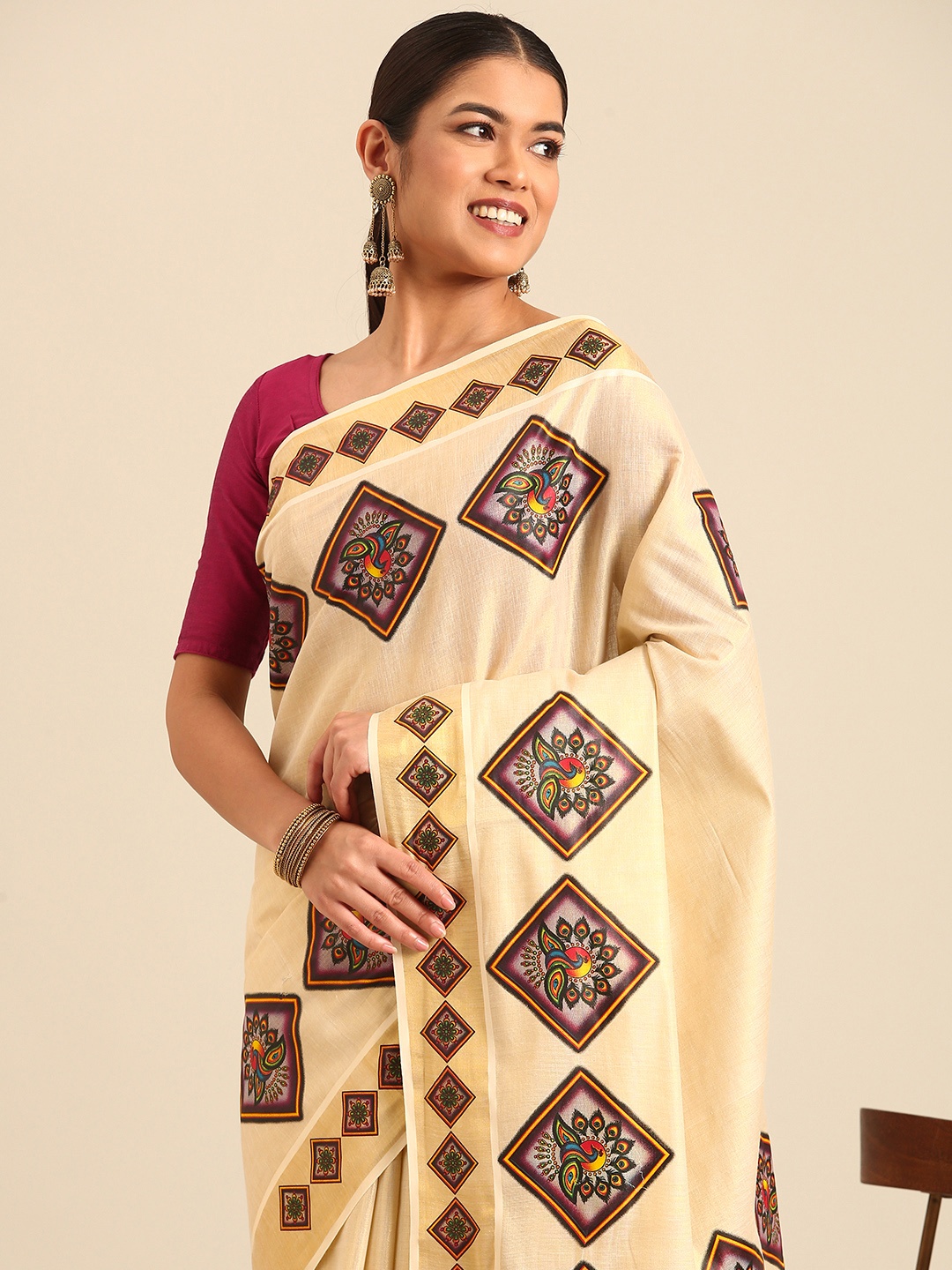 

Kalyan Silks Ethnic Motifs Zari Kasavu Saree, Cream