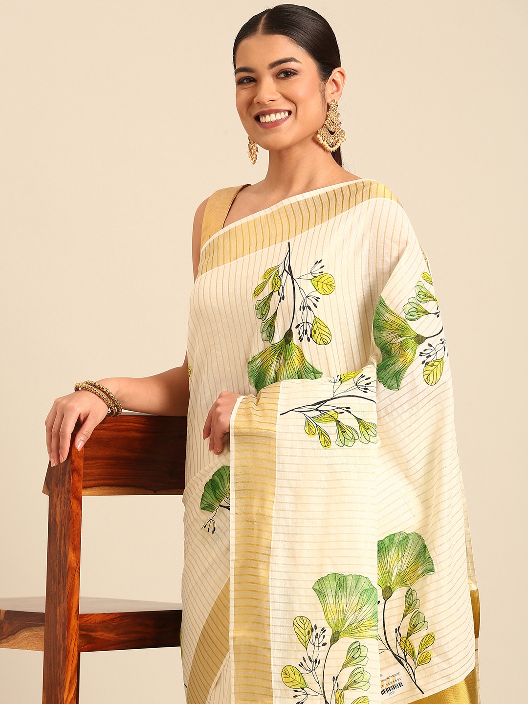 

Kalyan Silks Floral Zari Kasavu Saree, Cream