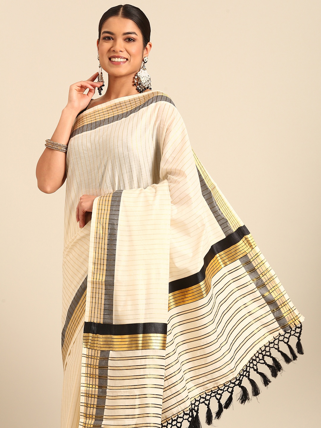 

Kalyan Silks Striped Zari Kasavu Saree, Cream